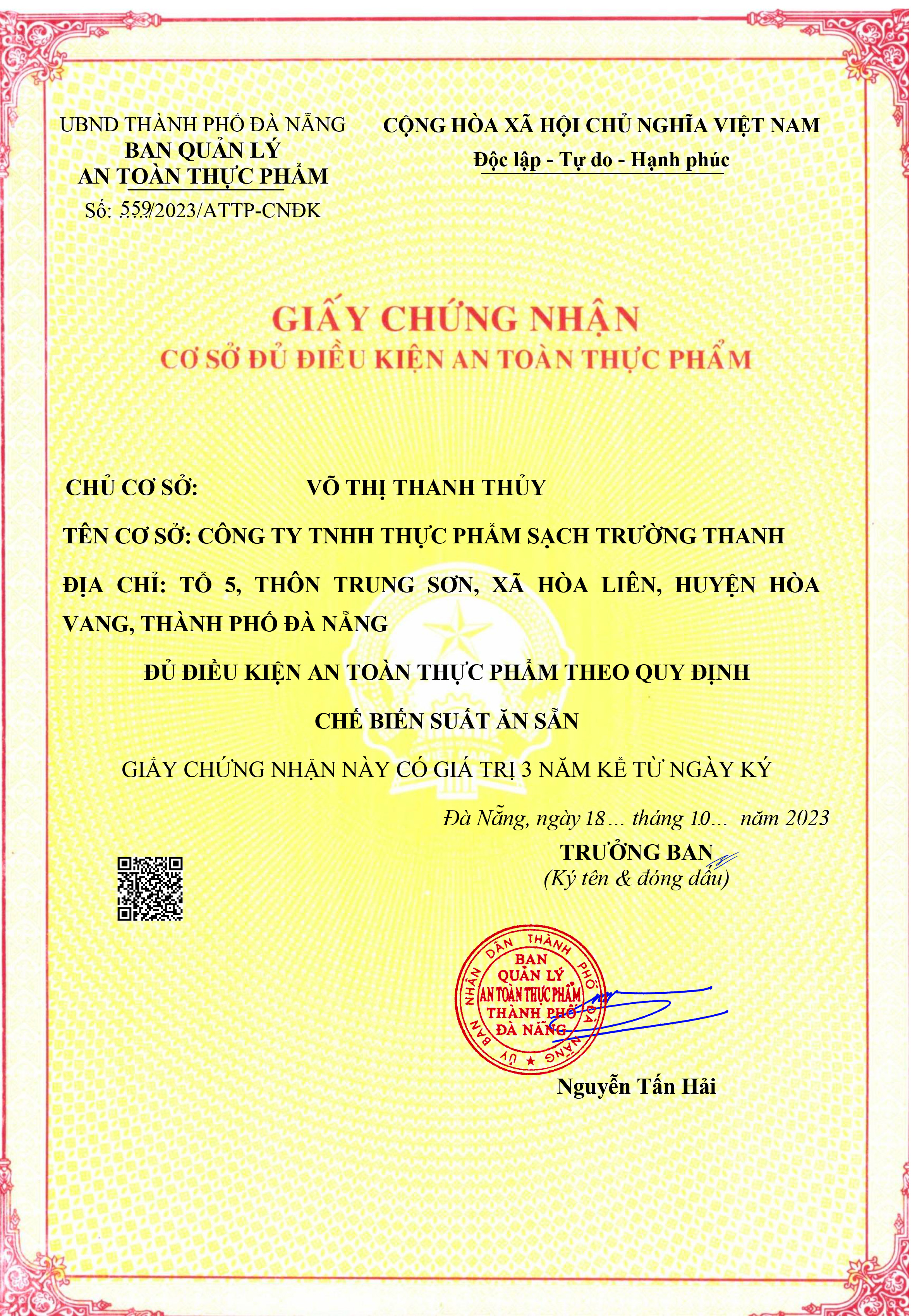 Giấy chứng nhận đủ điều kiện an toàn vệ sinh thực phẩm